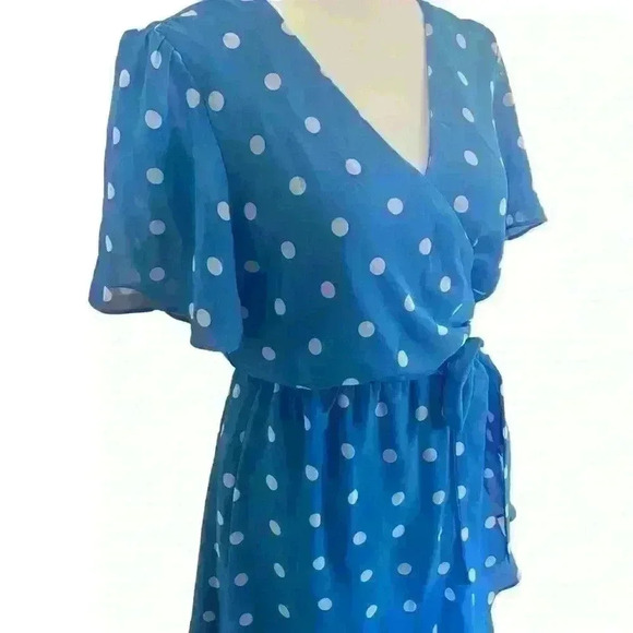 Mi Ami Mock Wrap Polka Dot Ruffle Mini Dress Size Small. Light Blue Graduation - Picture 3 of 6